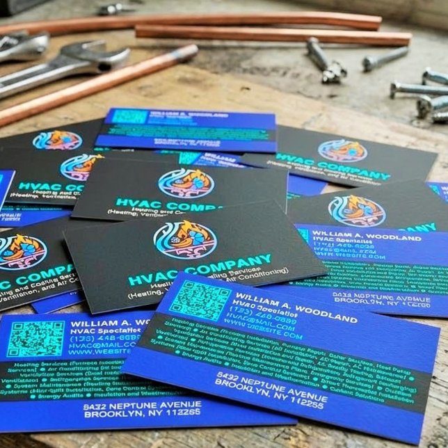 Modern Heating & Cooling AC Logo | Black Blue HVAC Visitenkarte (air conditioner HVAC Business Card examples, air conditioning business cards,hvac busi)