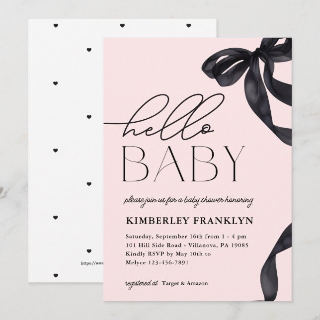 Modern Hello Baby Bow Girl Baby Shower Einladung (Vorne/Hinten)