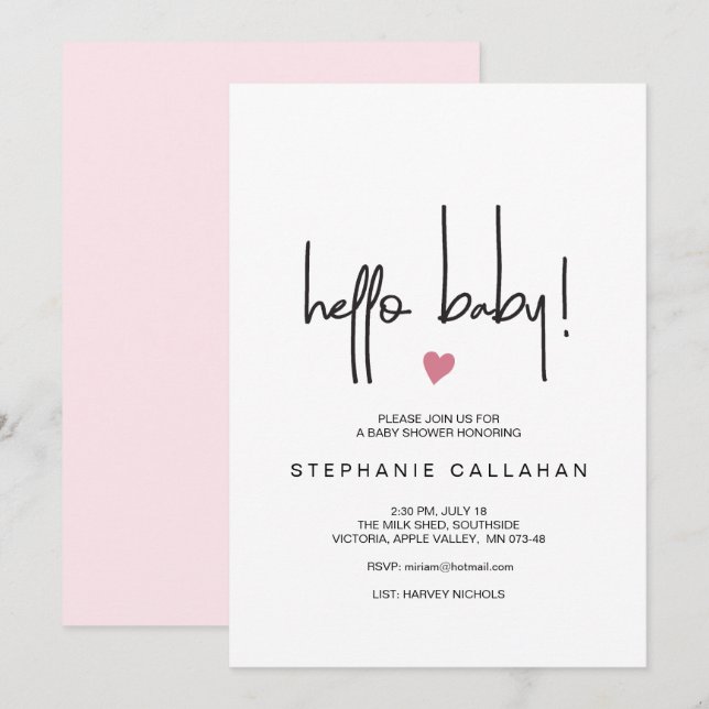 Modern Hello Baby Girl Dusche Einladung Pink Herz (Vorne/Hinten)