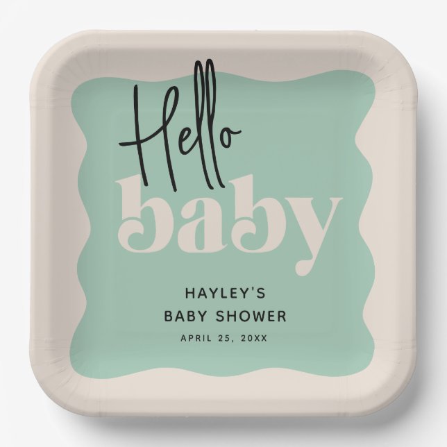 Modern Hello Baby Mint & Cream Baby Dusche Pappteller (Vorderseite)