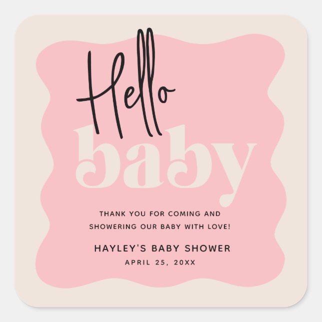 Modern Hello Baby Pink & Cream Baby Dusche Quadratischer Aufkleber (Vorderseite)
