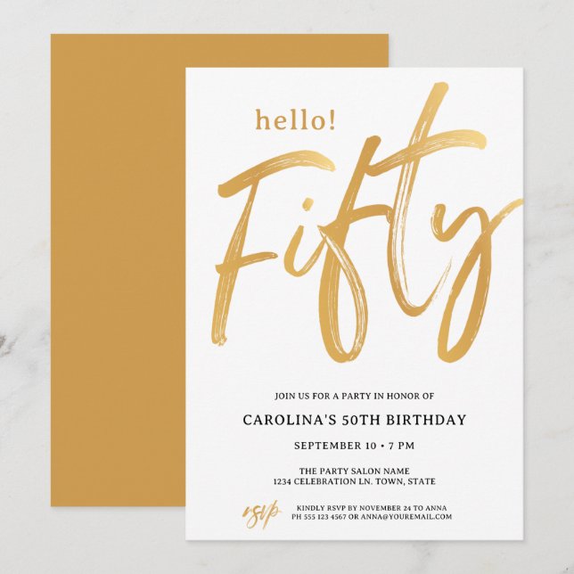 Modern Hello Fifty Fiftieth Birthday Invitation Einladung (Vorne/Hinten)