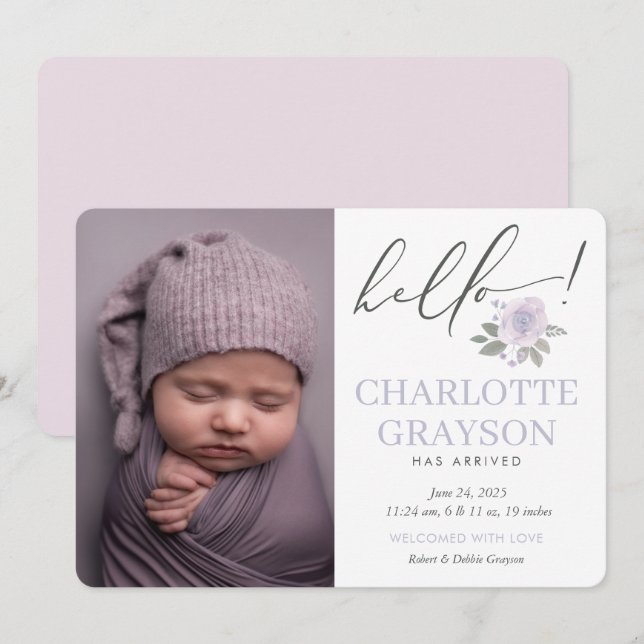 Modern Hello Foto Baby Birth Announccard Ankündigung (Vorne/Hinten)