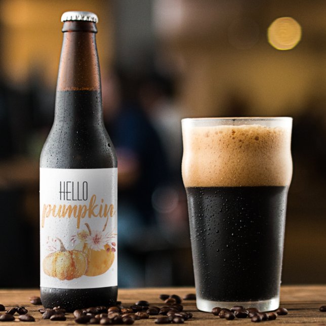 Modern Hello Pumpkin Orange Pumpkin mit Blume Bierflaschenetikett (Von Creator hochgeladen)