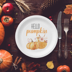 Modern Hello Pumpkin Orange Pumpkin mit Blume Pappteller