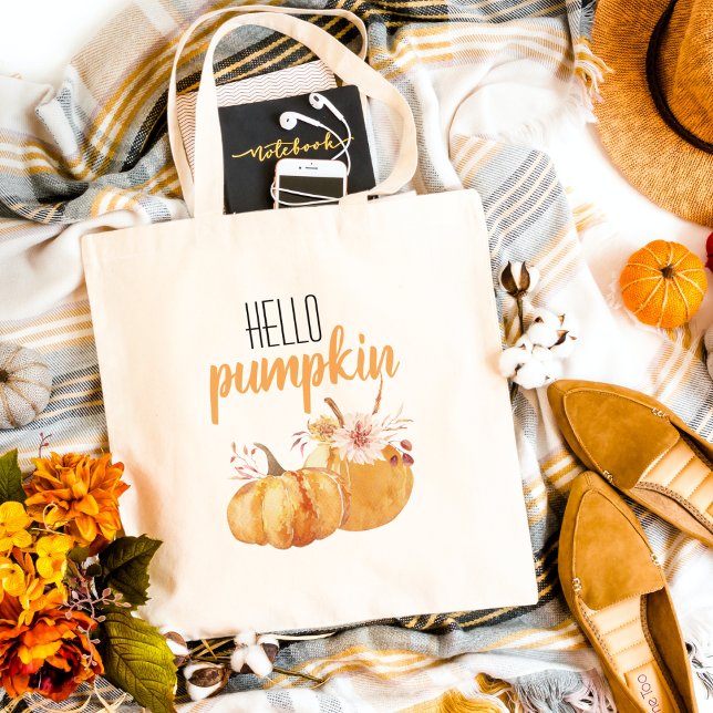 Modern Hello Pumpkin Orange Pumpkin mit Blume Tragetasche (Von Creator hochgeladen)