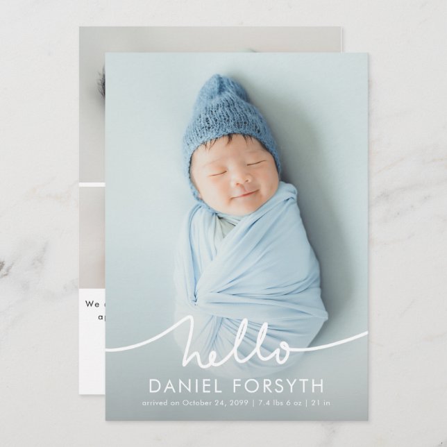 Modern Hello Script Newborn Baby Photo Birth Ankündigung (Vorne/Hinten)