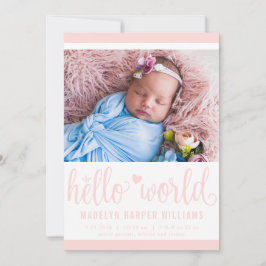 Modern Hello World Foto Blush Pink Birth Stat Ankündigung