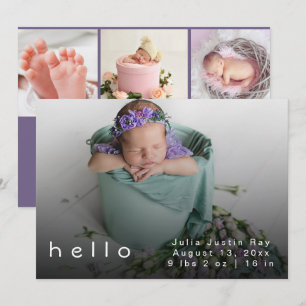 Modern Hello World Lila Baby Girl Foto Birth Dankeskarte