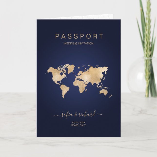 Modern Hochzeit in Urlaubsort Passport - Weltkarte Einladung (Vorderseite)
