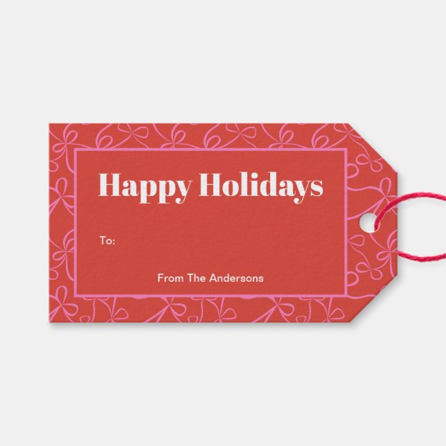 Modern Holiday Bold Red & Pink Ribbon Pattern Geschenkanhänger (Vorderseite (Horizontal))