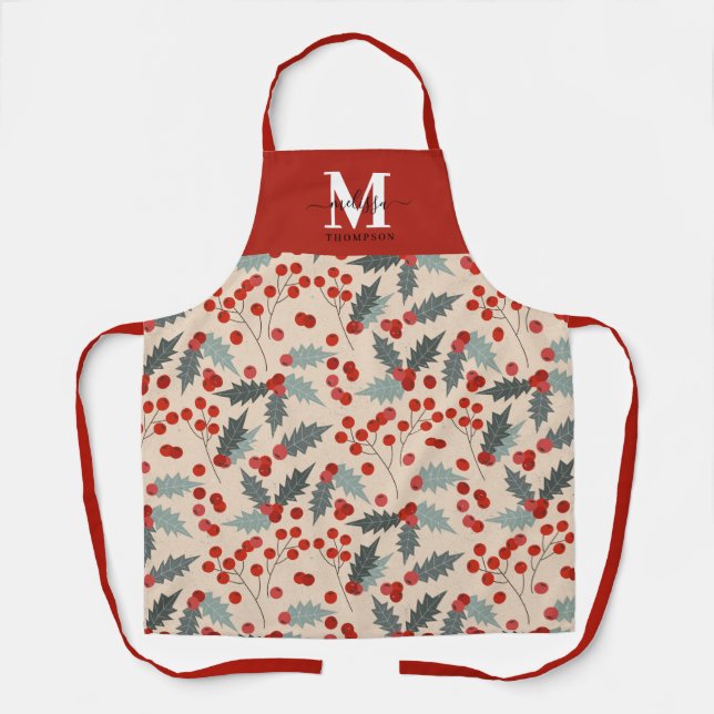 Modern Holly Berry Christmas Botanical Monogram Schürze (Vorderseite)