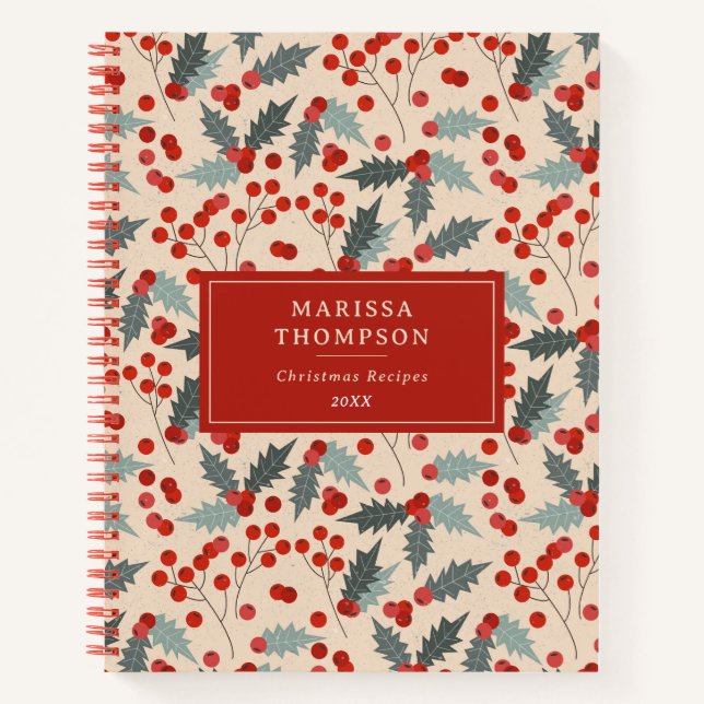 Modern Holly Berry Christmas Botanisches Muster Notizbuch (Vorderseite)