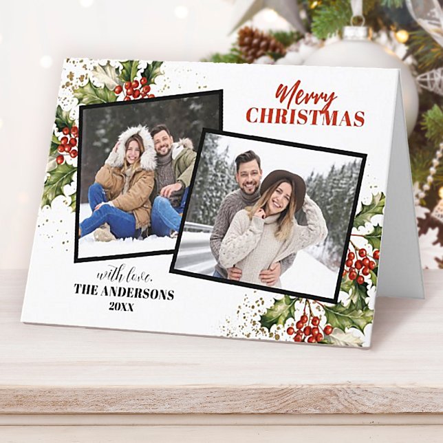 Modern Holly Berry Foto Collage Weihnachten (An elegant and festive 2 photo Christmas card. Personalize it for Christmas this year!)
