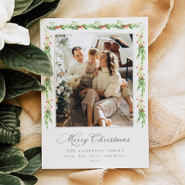 Modern Holly Garland Merry Christmas Photo Card Einladung