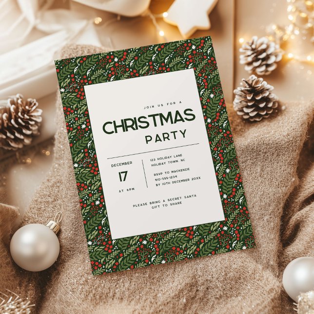 Modern Holly Leaf Christmas Party Invitation Einladung (Holly Leaf Christmas party invitation)