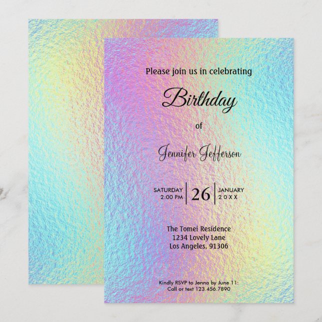 Modern holographic Birthday invitation (Devant / Derrière)