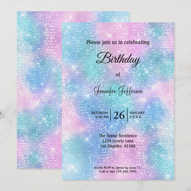 Modern holographic Birthday invitation (Devant / Derrière)