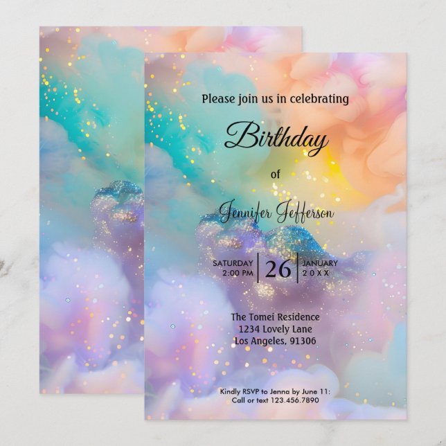 Modern holographic Birthday invitation (Devant / Derrière)