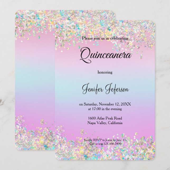 Modern holographic Quinceanera Invitation (Devant / Derrière)