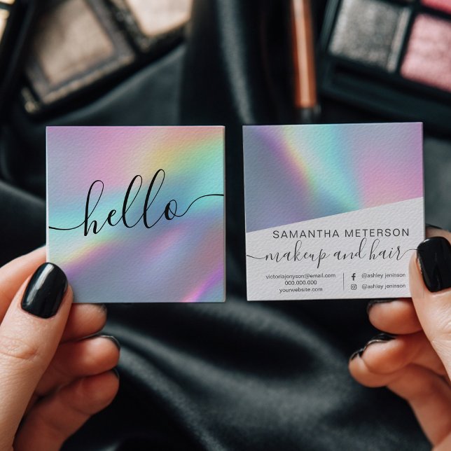 Modern Holographic Script Hello Beauty Branding Quadratische Visitenkarte (Modern Holographic Script Hello Beauty Branding Square Business Card)