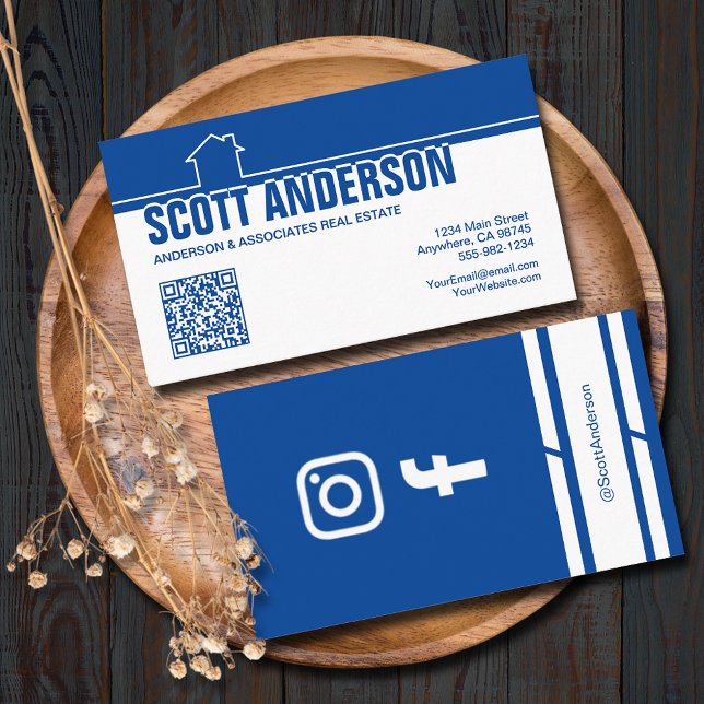 Modern Home Logo Social Media QR Code Blue Visitenkarte (Home logo QR Code social media blue-white business cards - real estate, cleaning, construction)
