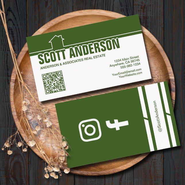 Modern Home Logo Social Media QR Code Green Visitenkarte (Home logo QR Code social media green-white business cards - real estate, cleaning, construction)