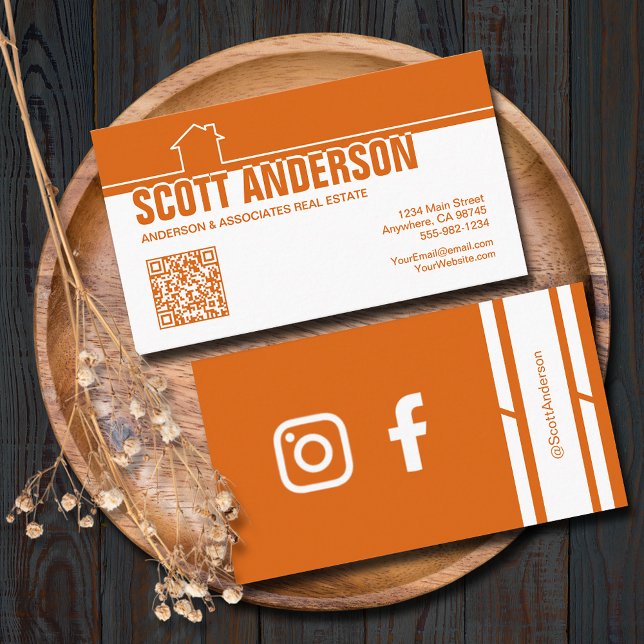 Modern Home Logo Social Media QR Code Orange Visitenkarte (Home logo QR Code social media orange-white business cards - real estate, cleaning, construction)