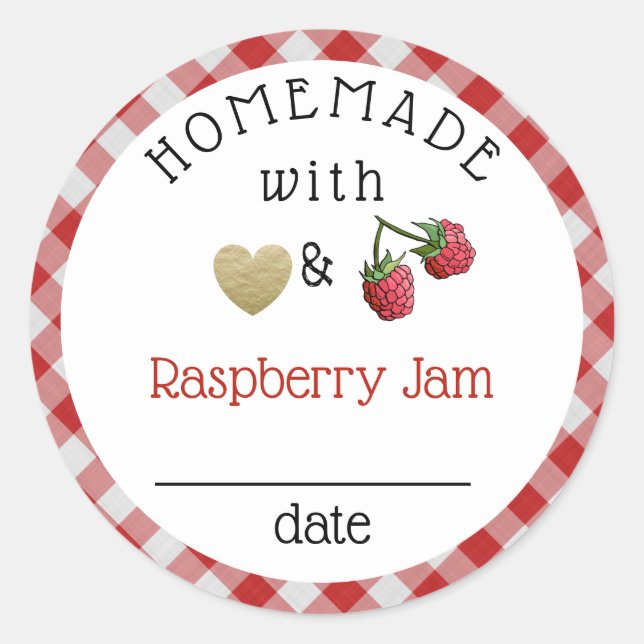 Modern Homemade Raspberry Jam Gingham Runder Aufkleber (Vorderseite)