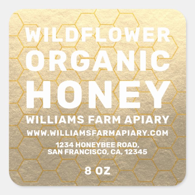 Modern Honey Jar Label Honeybee Apiary Gold Quadratischer Aufkleber (Vorderseite)