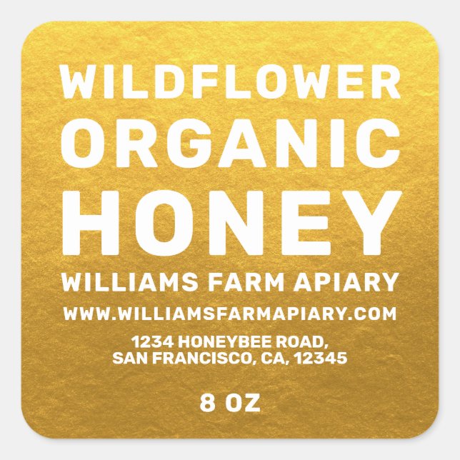 Modern Honey Jar Label Honeybee Apiary Gold Quadratischer Aufkleber (Vorderseite)