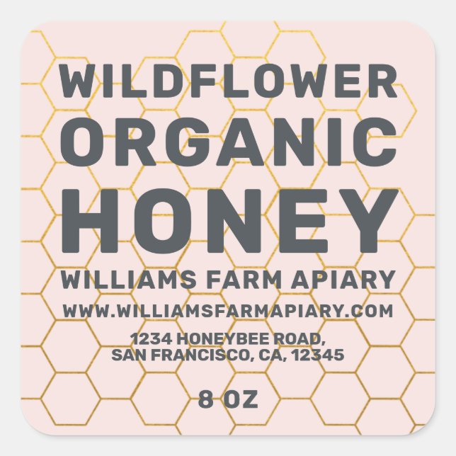 Modern Honey Jar Label Honeybee Apiary Pink Quadratischer Aufkleber (Vorderseite)