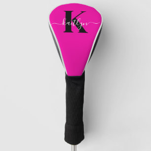 Modern Hot Pink Black Script Monogram Golf Headcover