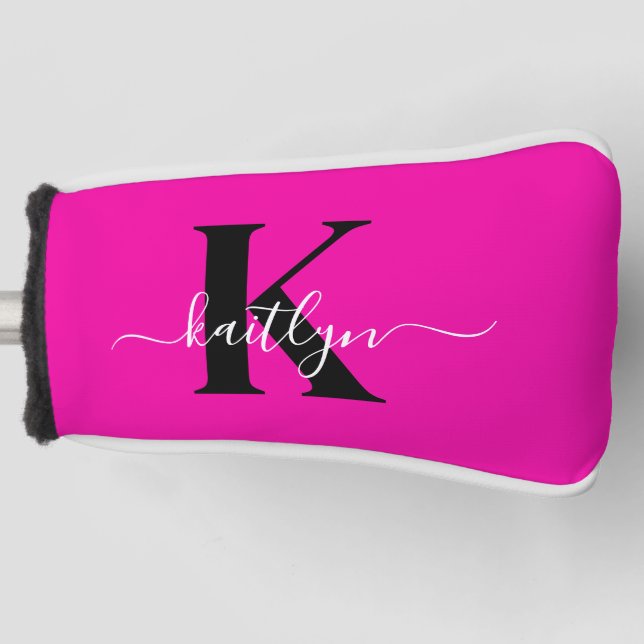 Modern Hot Pink Black Script Monogram Golf Headcover (Vorderseite)