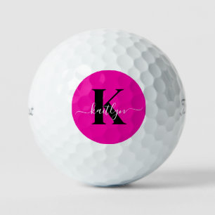 Modern Hot Pink Black Script Monogram Golfball