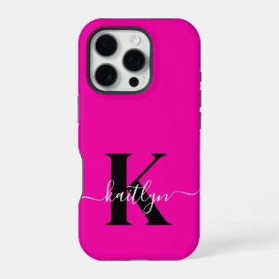 Modern Hot Pink Black Script Monogram iPhone 16 Pro Hülle