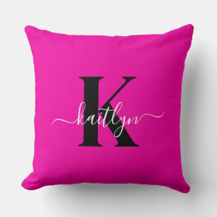 Modern Hot Pink Black Script Monogram Kissen