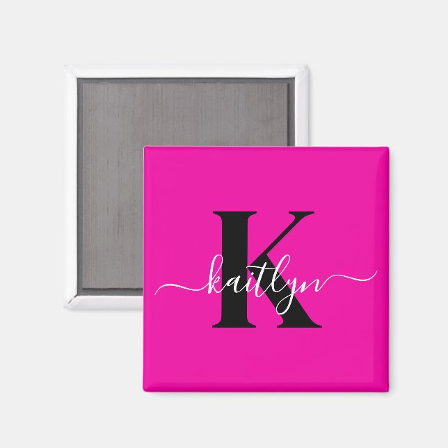 Modern Hot Pink Black Script Monogram Magnet (Vorderseite/Rückseite)