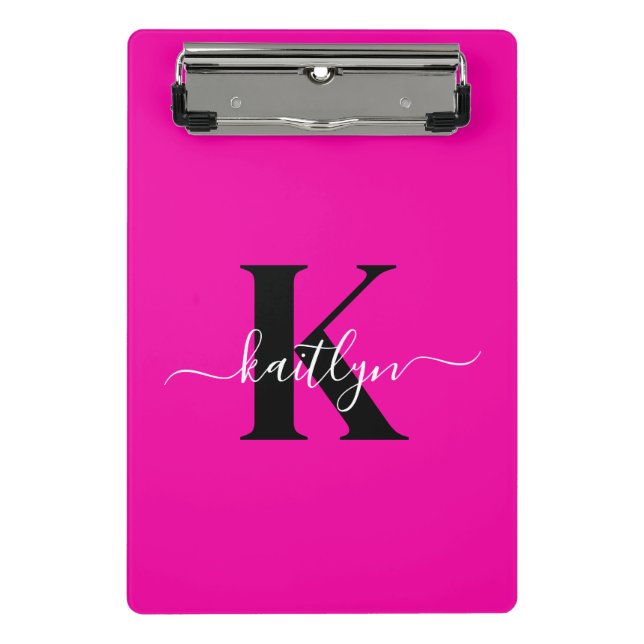 Modern Hot Pink Black Script Monogram Mini Klemmbrett (Vorderseite)