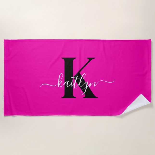 Modern Hot Pink Black Script Monogram Strandtuch (Vorderseite)