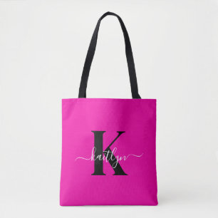 Modern Hot Pink Black Script Monogram Tasche