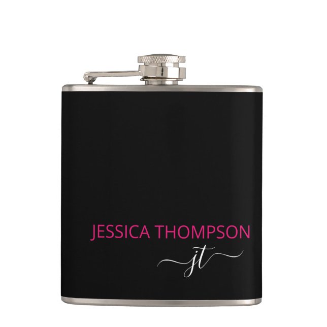 Modern Hot Pink Black Simple Script Monogram Name Flachmann (Vorderseite)