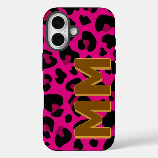 Modern Hot Pink Leopard Brown Shadow Monogram iPhone 16 Hülle (Rückseite)