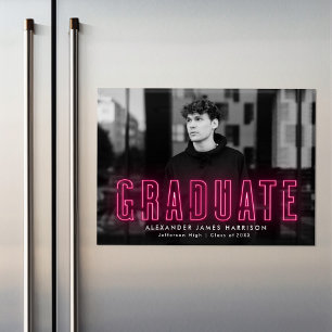 Modern Hot Pink Neon Photo Graduation Announcement Magneteinladung