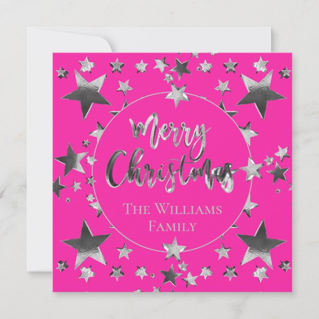 Modern Hot Pink Silver Script Star Frohe Weihnacht (Vorderseite)