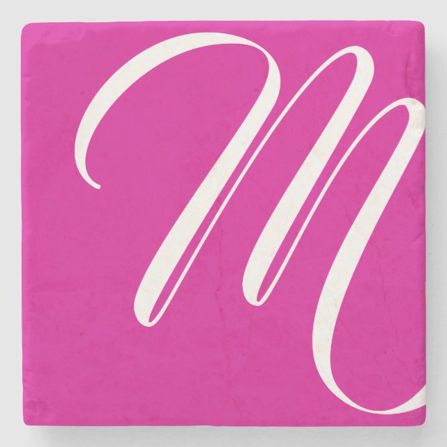 Modern Hot Pink und White Script Monogramm Steinuntersetzer (Vorderseite)