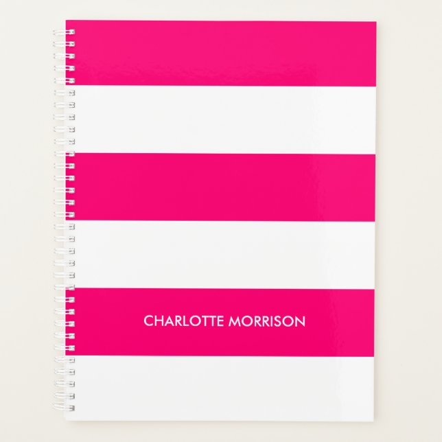 Modern Hot Rosa White Stripes individuelle Name Mo Planer (Vorderseite)