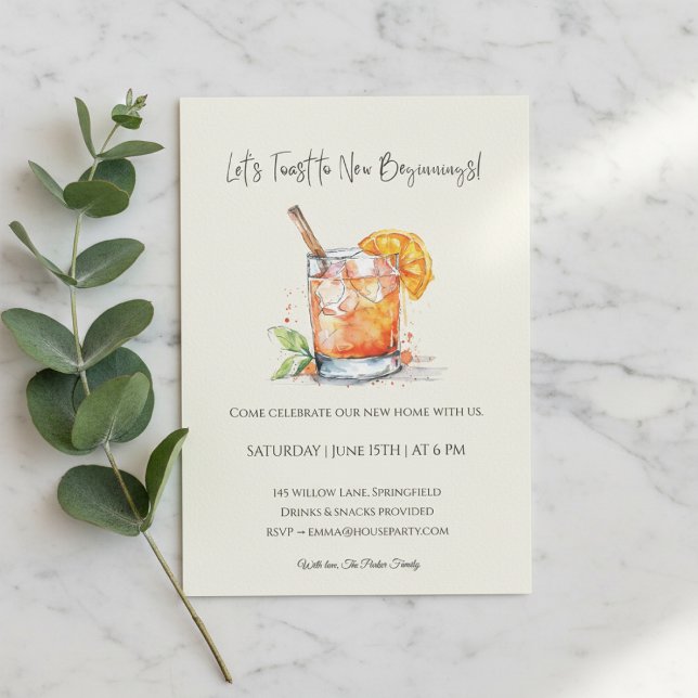 Modern Housewarming Invitation • New Home  Einladung (Housewarming invitation with watercolor cocktail on marble background and eucalyptus branch.)