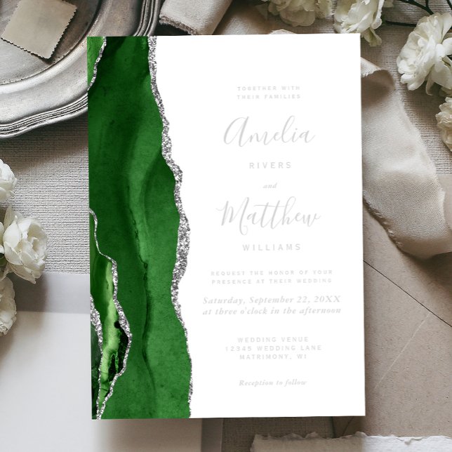Modern Hunter Green Silver Agate Wedding Folieneinladung (Von Creator hochgeladen)