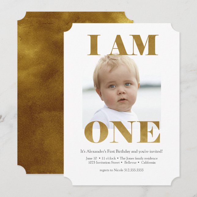 Modern "I AM ONE" Gold 1. Geburtstag Einladung (Vorne/Hinten)